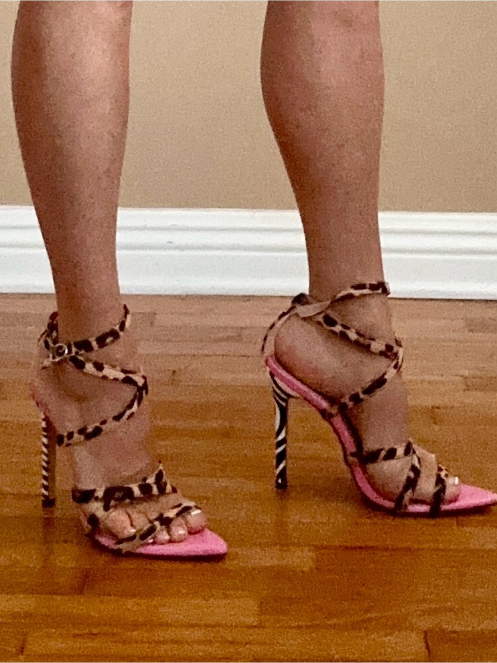Pink Leopard-Print Strappy Stiletto Heels with Zebra-Pattern 5” Heel